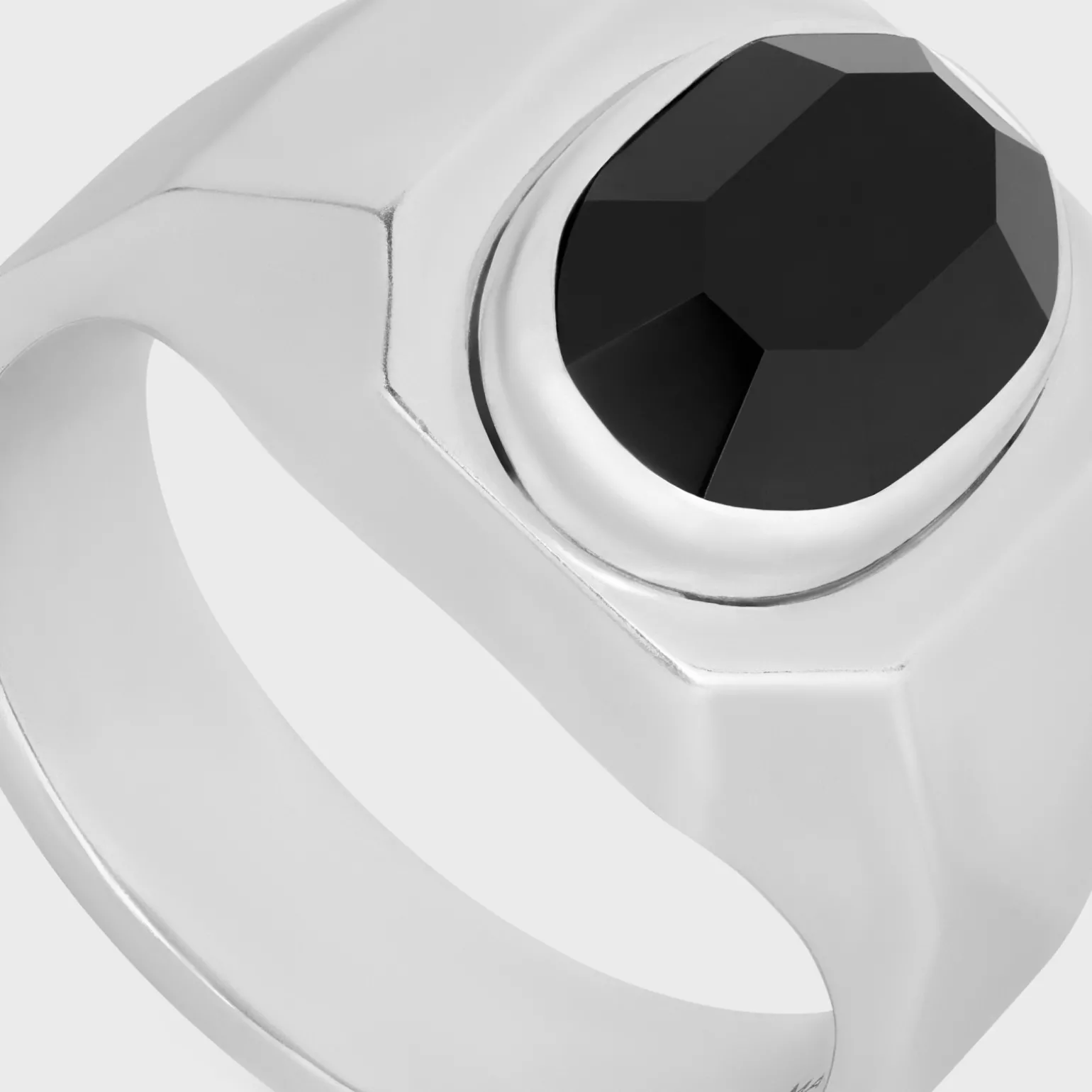 Celine Bevelled Signet Ring in Onyx and Sterling Silver with Rhodium finish