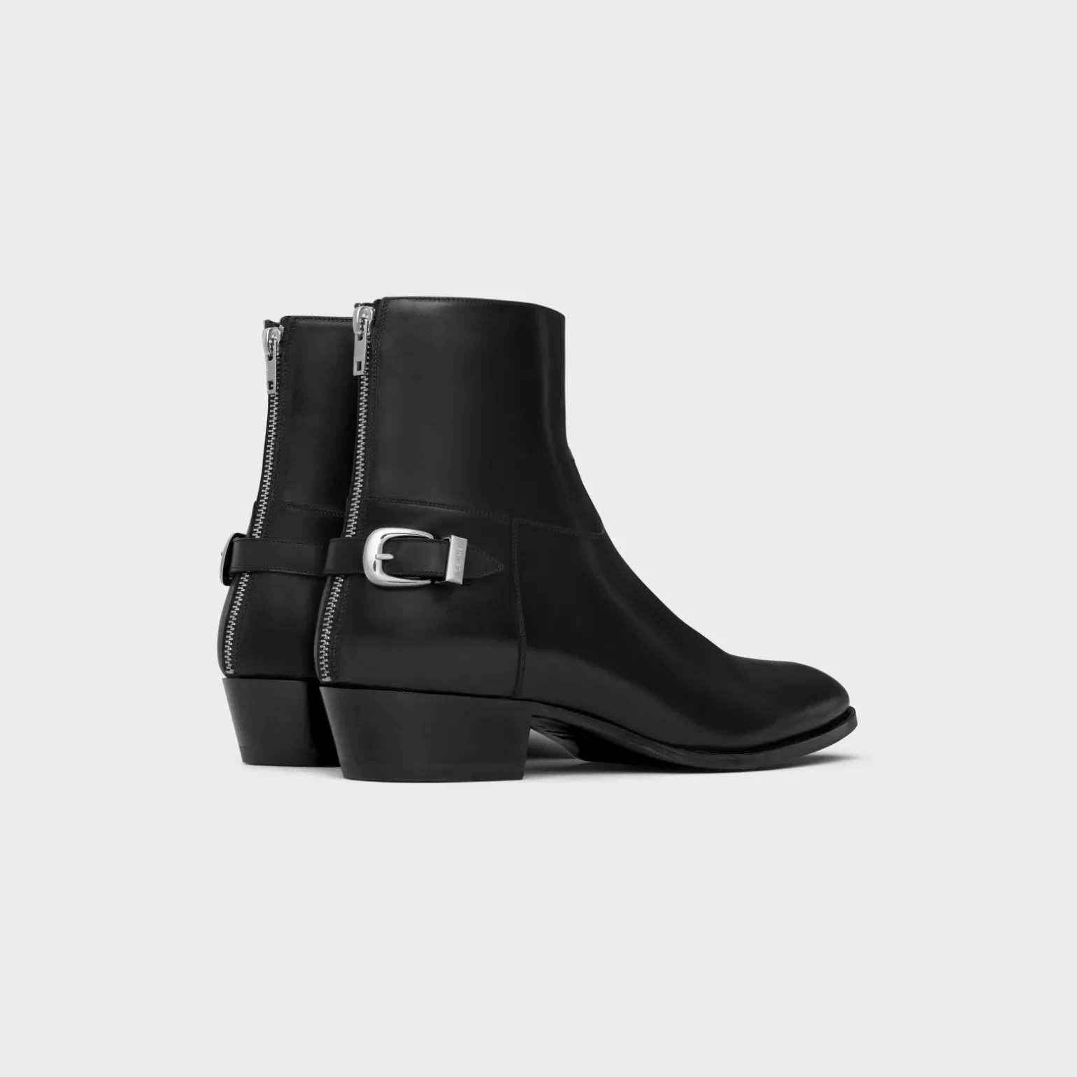 CELINE DRUGSTORE BACK BUCKLE ZIPPED BOOT in Shiny calfskin