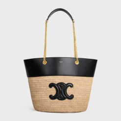 CHAIN BUCKET CELINE CLASSIC PANIER in RAFFIA and CALFSKIN