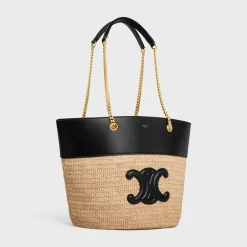 CHAIN BUCKET CELINE CLASSIC PANIER in RAFFIA and CALFSKIN
