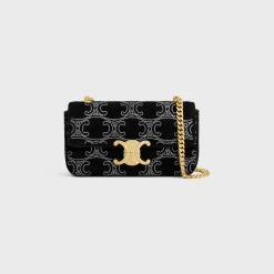 CHAIN SHOULDER BAG CLAUDE in SUEDE CALFSKIN WITH TRIOMPHE STRASS