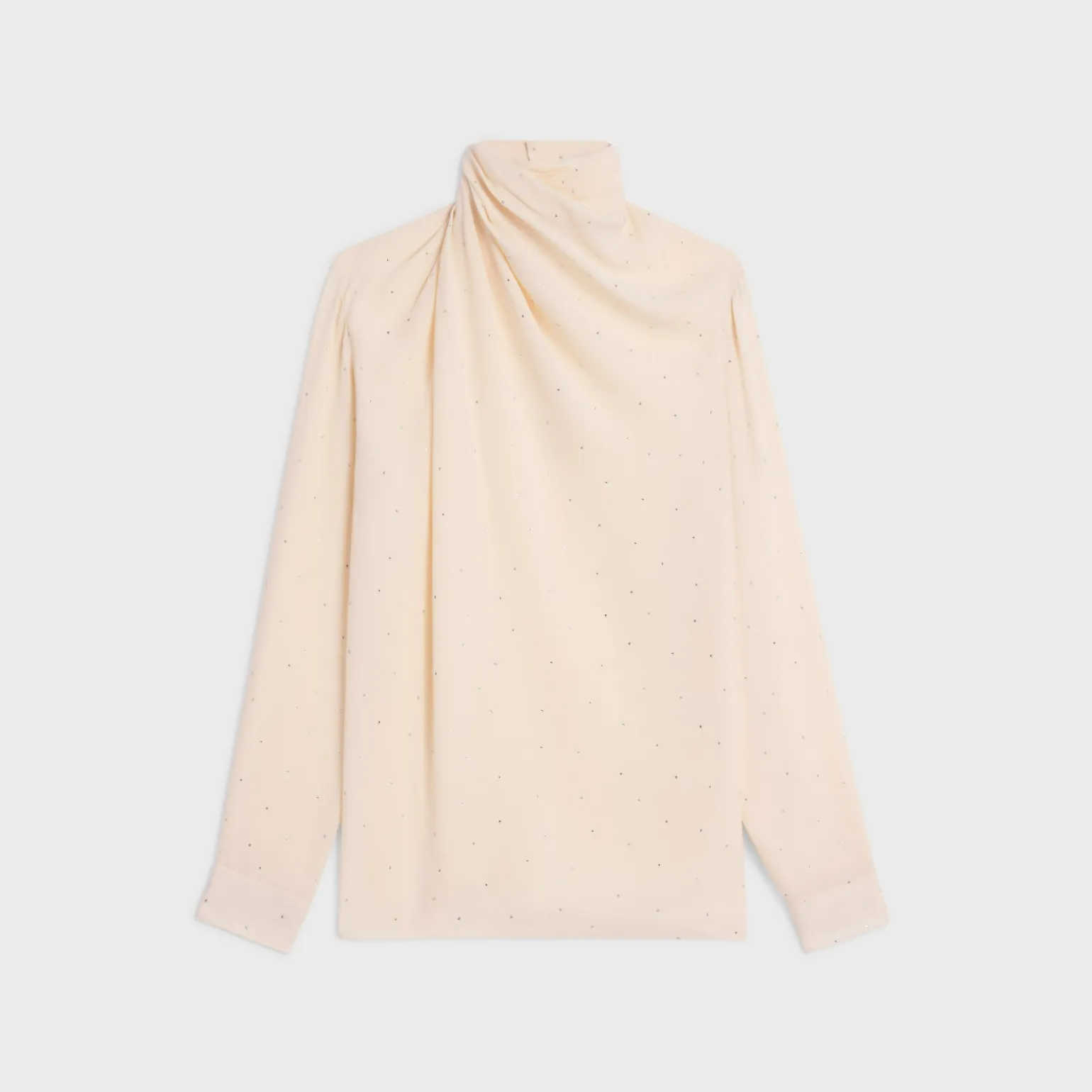 draped neck blouse with rhinestones in lightweight sablé