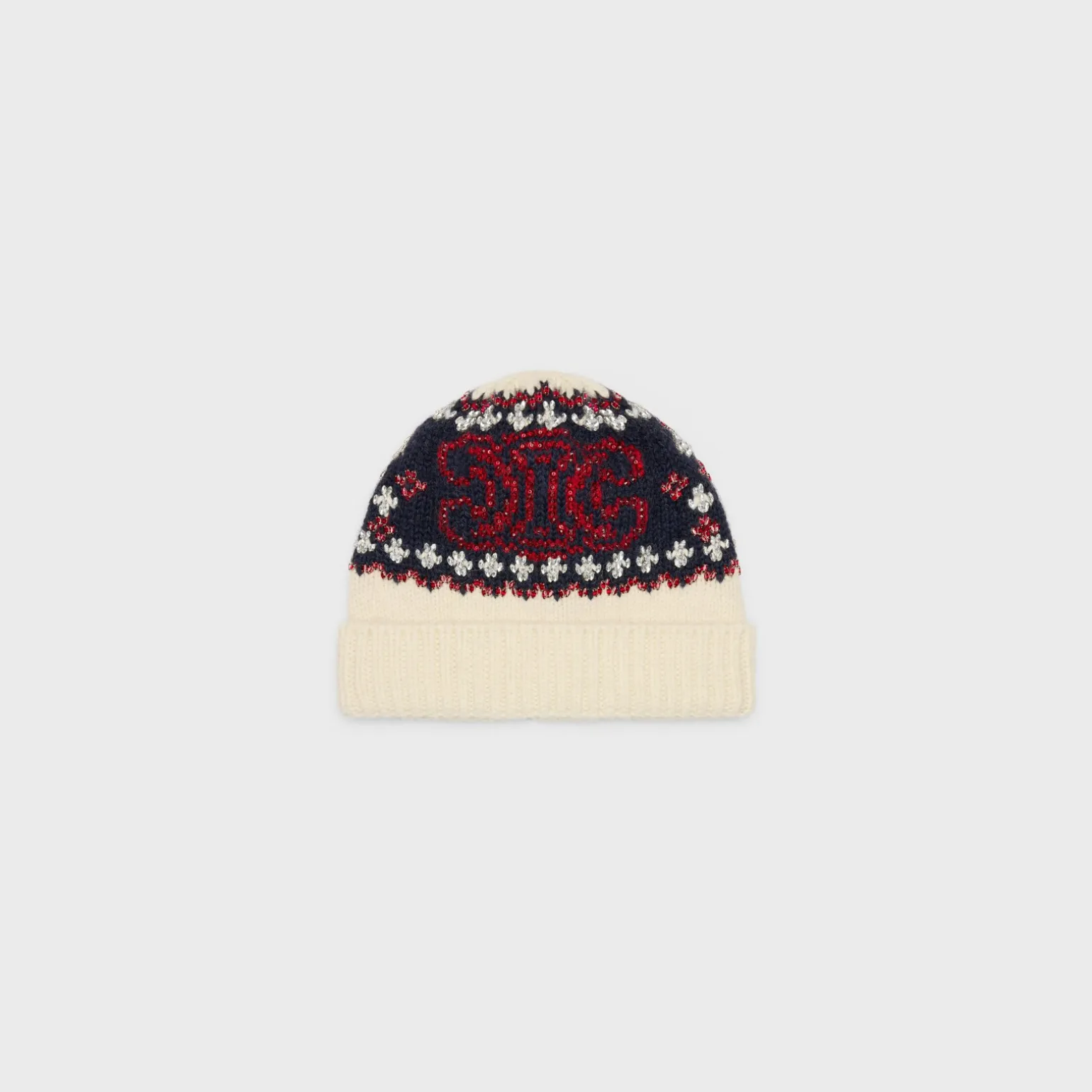 embroidered beanie in fair isle wool