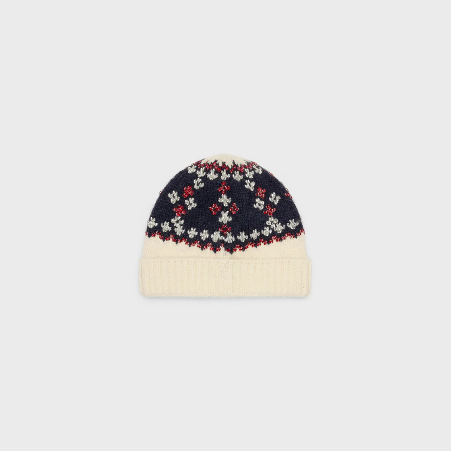 embroidered beanie in fair isle wool