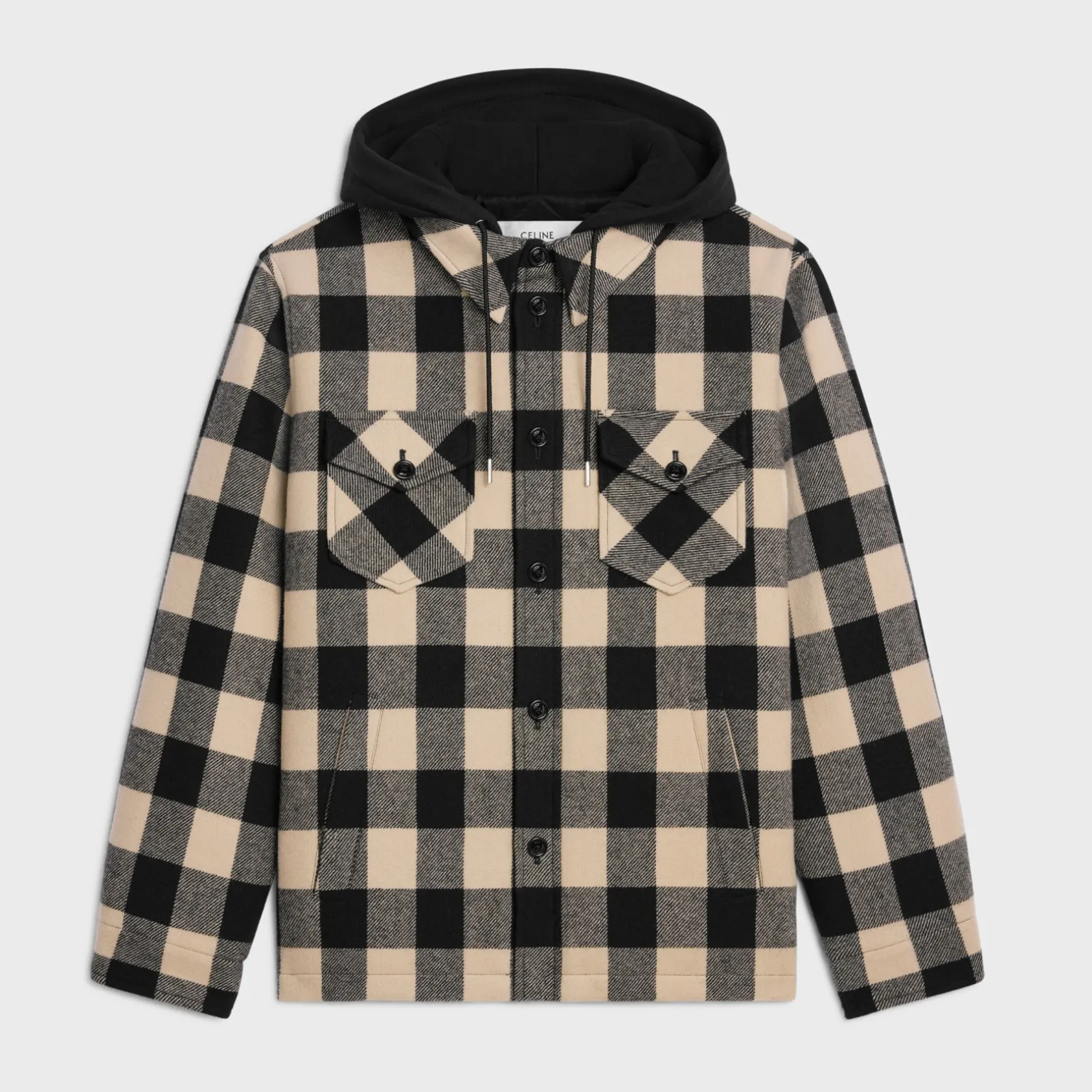 hooded overshirt in check wool