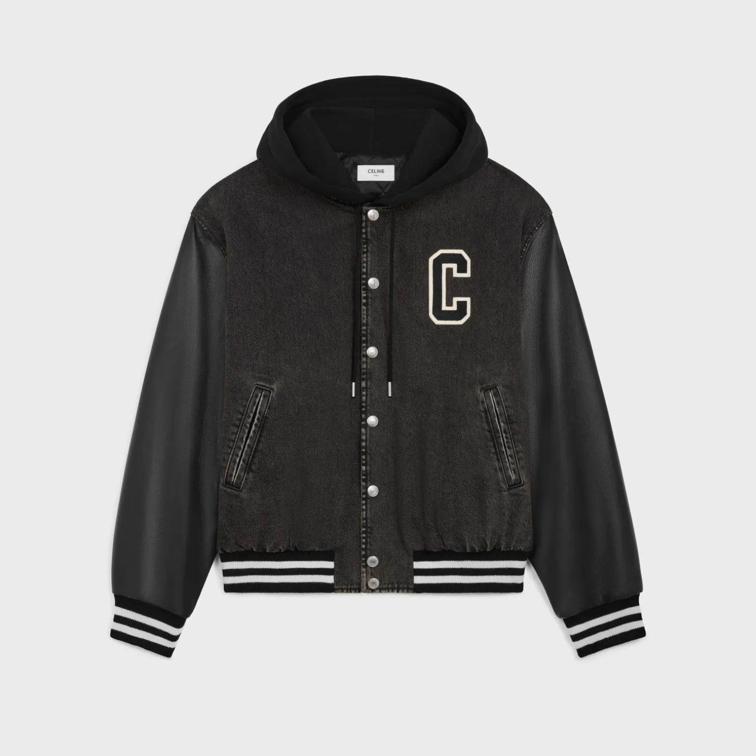 loose celine teddy jacket in charcoal wash denim