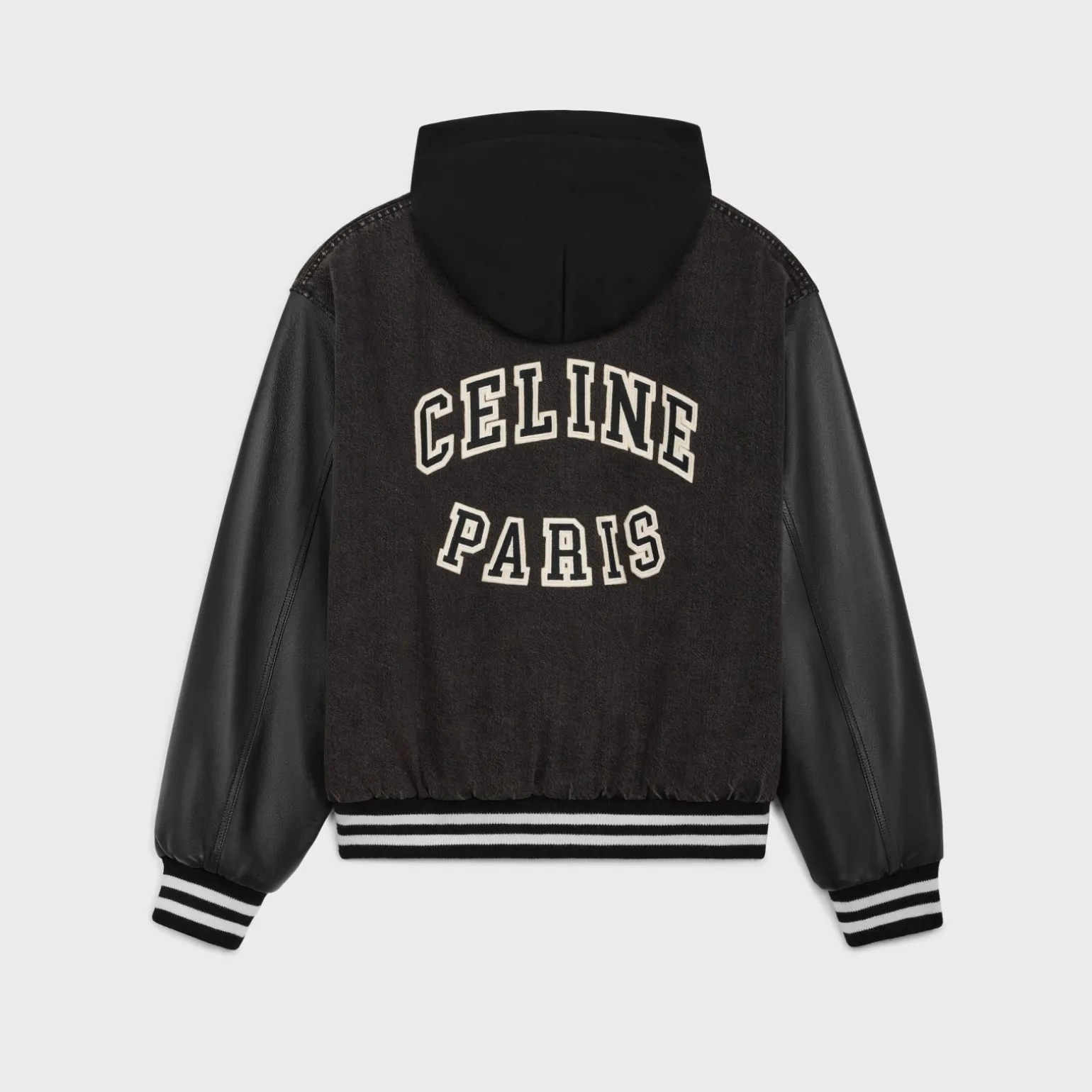 loose celine teddy jacket in charcoal wash denim