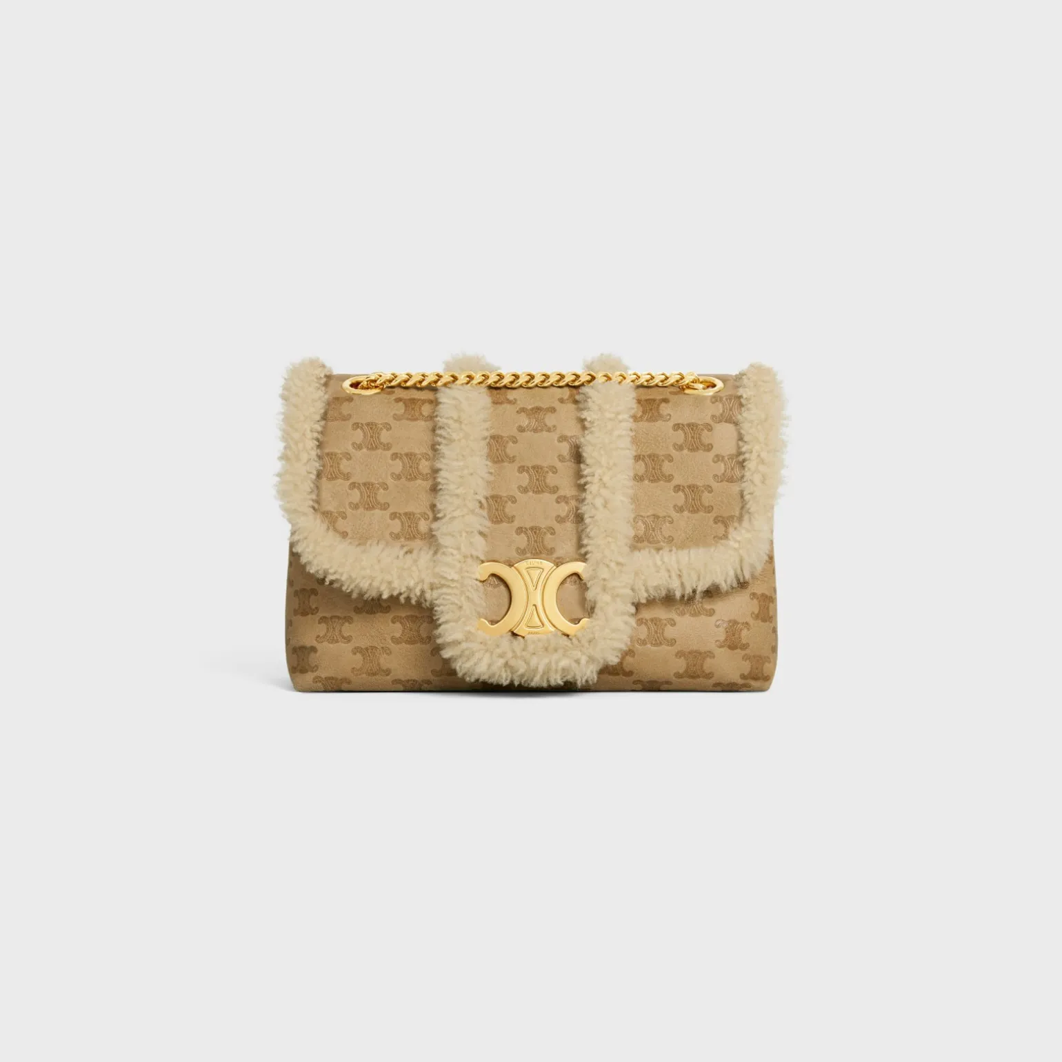 Medium Celine Victoire Bag in SHEARLING WITH TRIOMPHE ALL-OVER