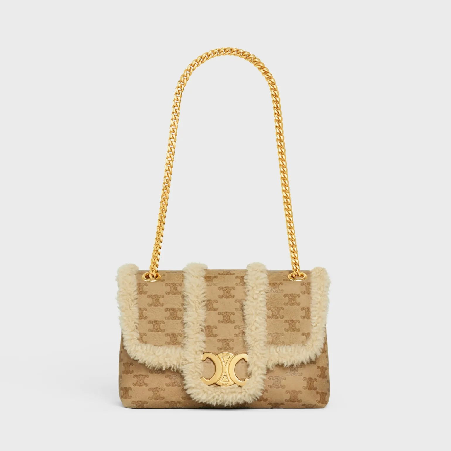 Medium Celine Victoire Bag in SHEARLING WITH TRIOMPHE ALL-OVER