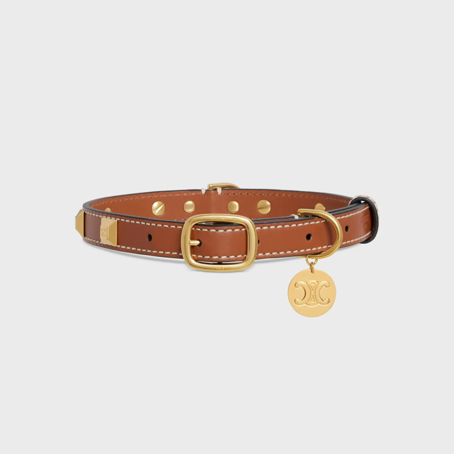 MEDIUM THIN DOG COLLAR IN SMOOTH CALFSKIN WITH PYRAMID STUDS