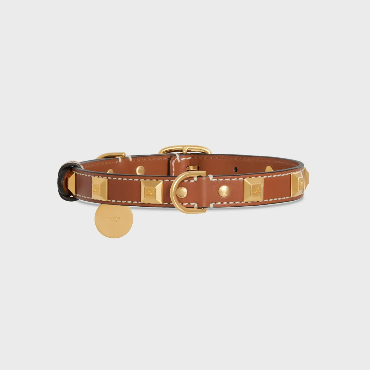 MEDIUM THIN DOG COLLAR IN SMOOTH CALFSKIN WITH PYRAMID STUDS