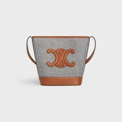 SMALL BUCKET CUIR TRIOMPHE in STRIPED TEXTILE AND CALFSKIN