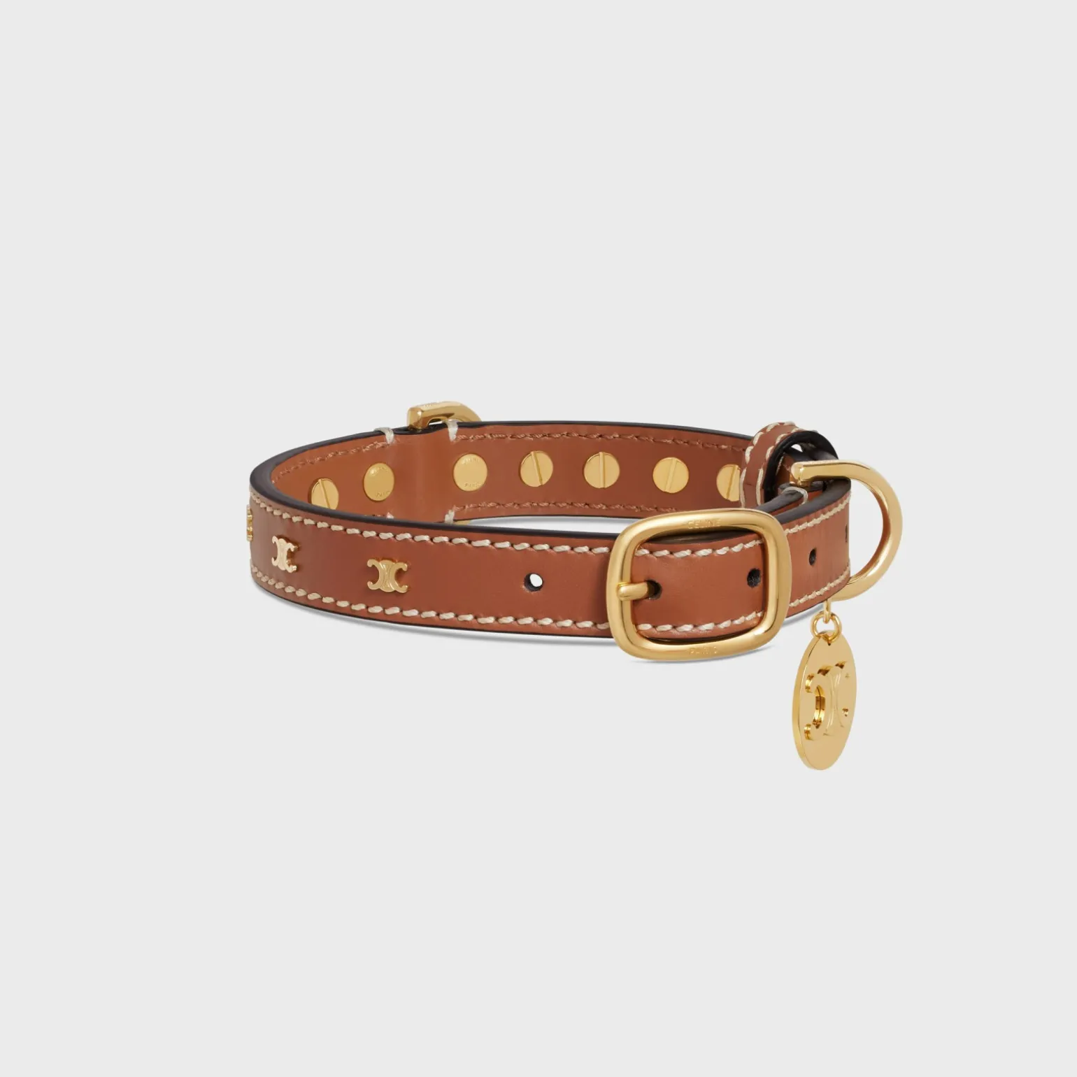 Small Thin Dog Collar in Smooth Calfskin with Studs Triomphe
