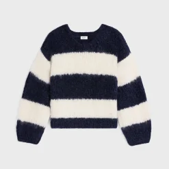 striped crew neck sweater in chunky mohair and wool