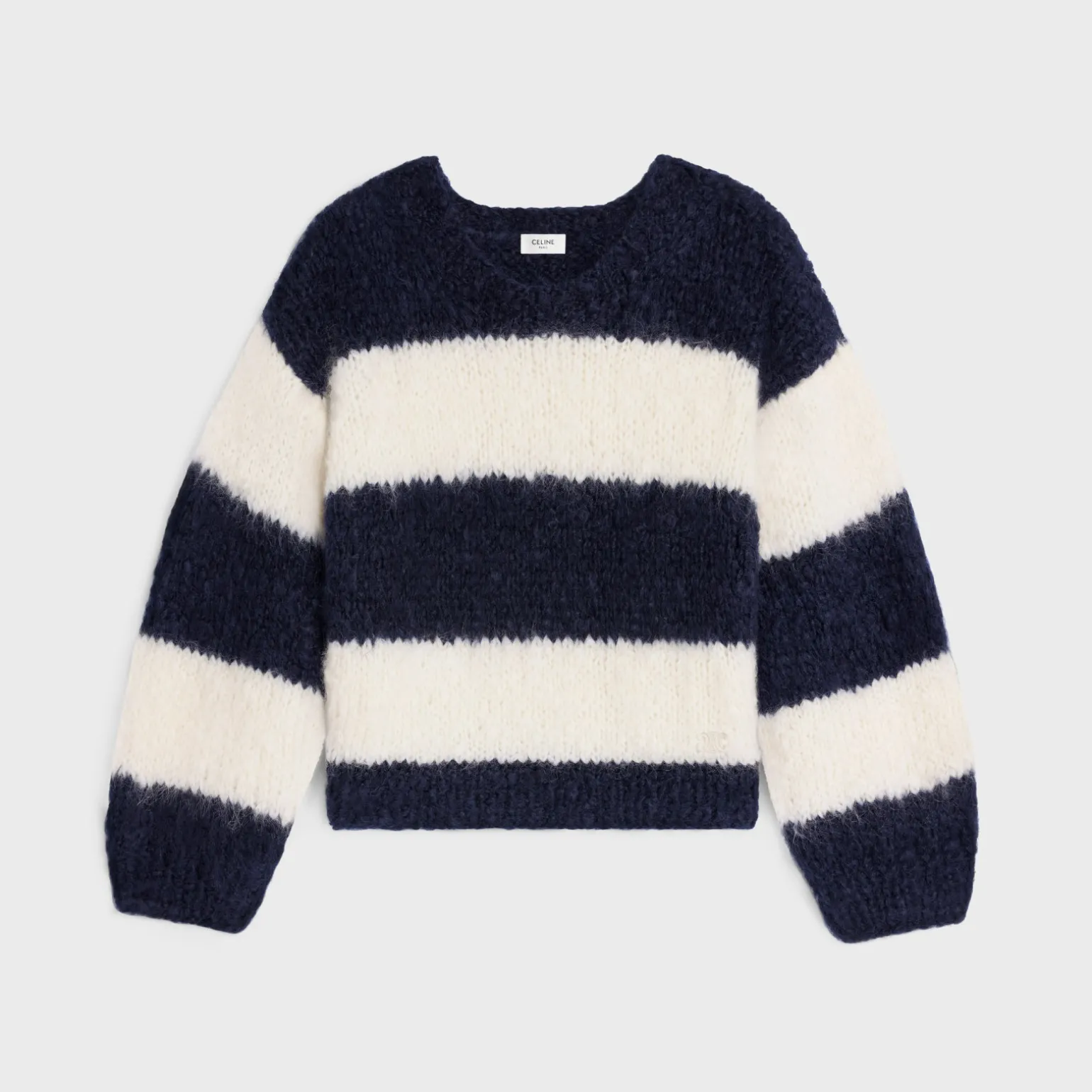 striped crew neck sweater in chunky mohair and wool