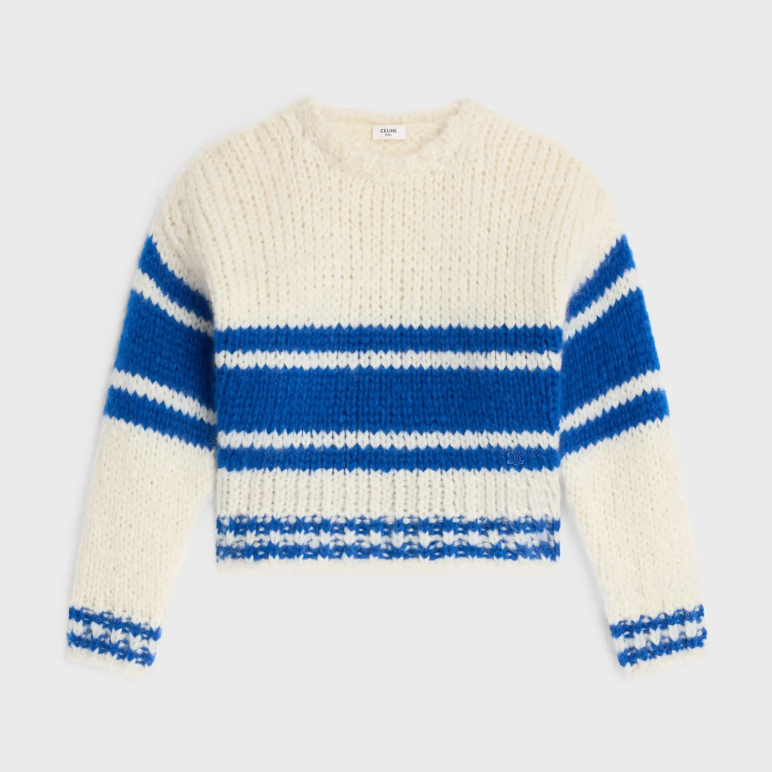 striped crew neck sweater in chunky mohair and wool