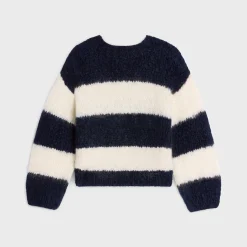 striped crew neck sweater in chunky mohair and wool