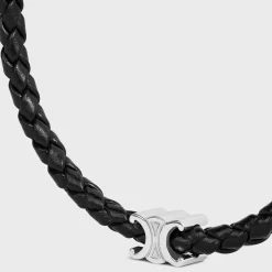 Triomphe Beach Bracelet in Smooth Calfskin and Brass with Rhodium Finish