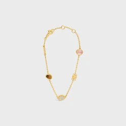 Triomphe Indie Bracelet in Brass with Gold Finish, Rutilated Quartz, Pink Quartz and Tiger Eye