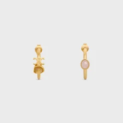 Triomphe Indie Hoops in Brass with Gold Finish, Rutilated Quartz and Pink Quartz