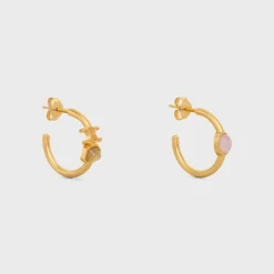 Triomphe Indie Hoops in Brass with Gold Finish, Rutilated Quartz and Pink Quartz