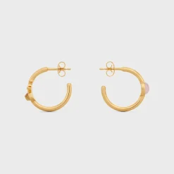 Triomphe Indie Hoops in Brass with Gold Finish, Rutilated Quartz and Pink Quartz