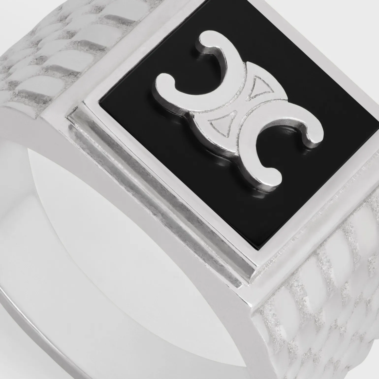 Triomphe Python Signet Ring in Onyx and Sterling Silver with Rhodium finish