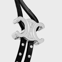 Triomphe Stud Clasp Bracelet in Brass with Rhodium Finish and Calfskin