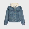 trucker jacket with hood in union wash denim