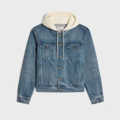 trucker jacket with hood in union wash denim