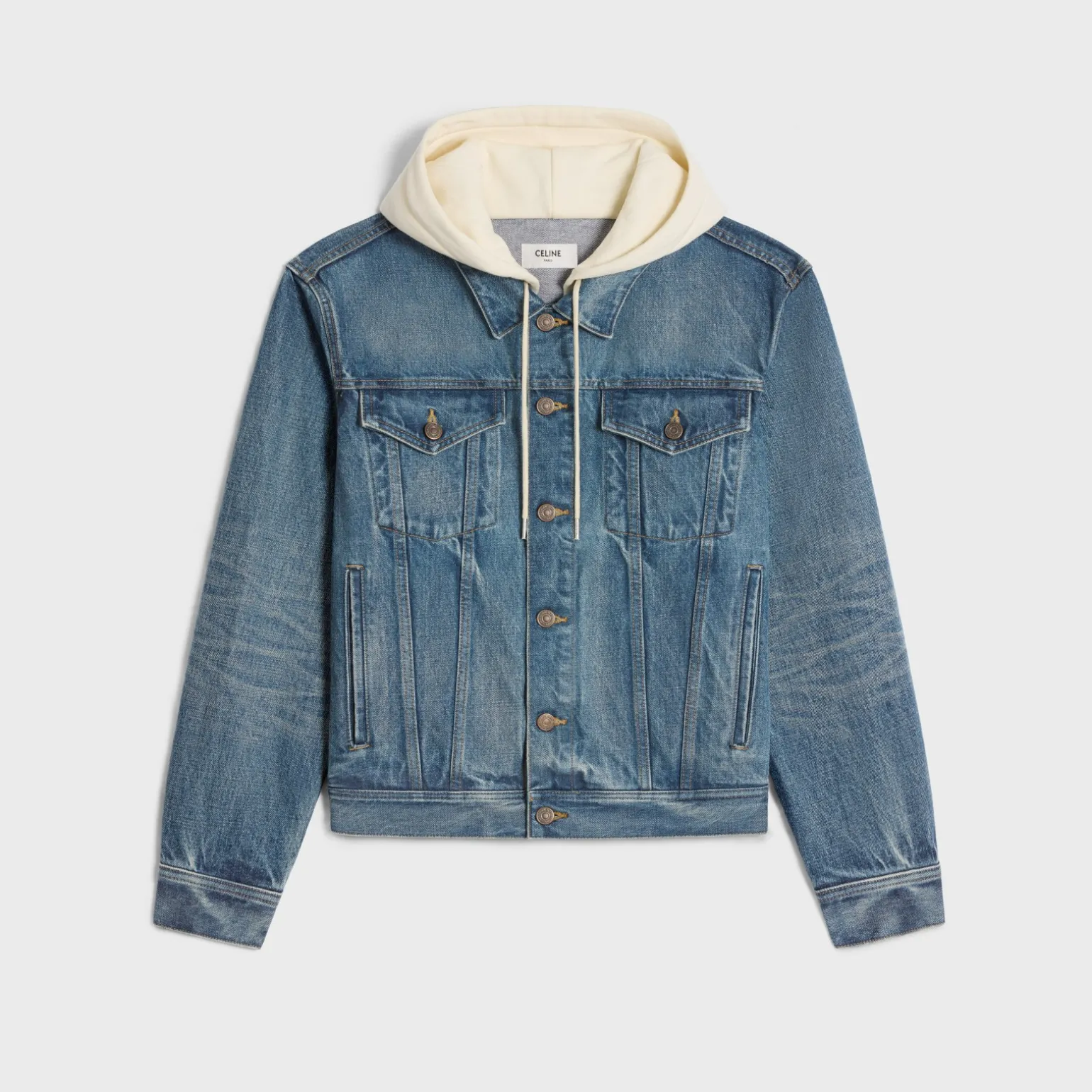 trucker jacket with hood in union wash denim