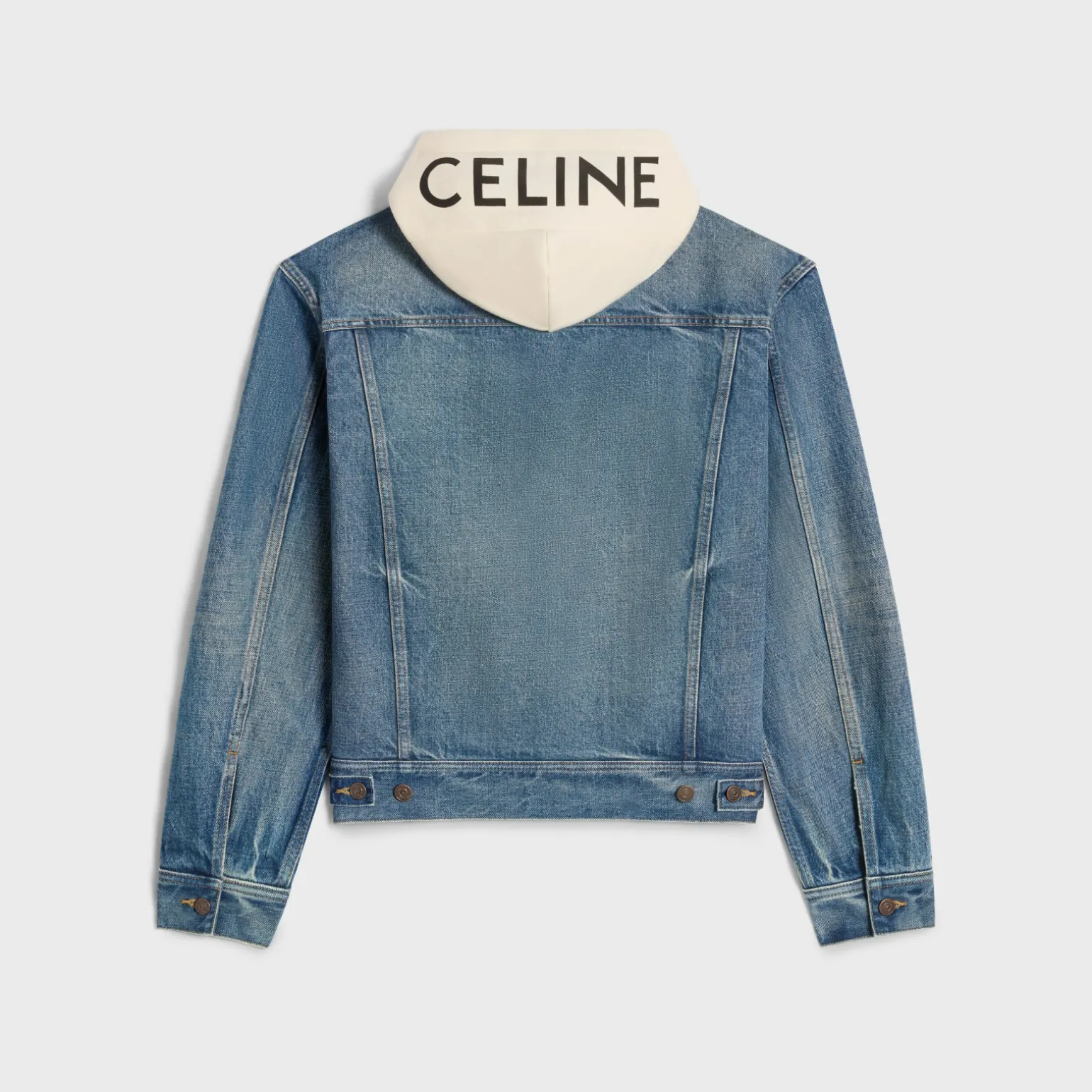 trucker jacket with hood in union wash denim