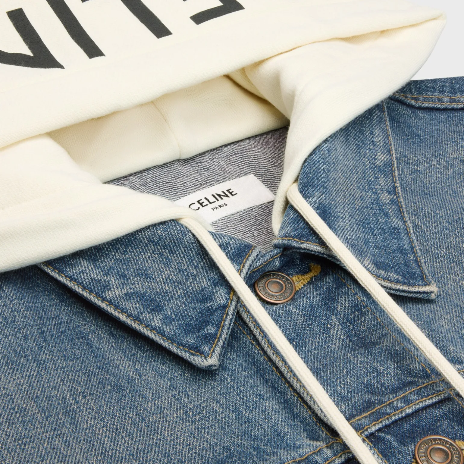 trucker jacket with hood in union wash denim